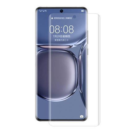 ENKAY Huawei P50 Pro Full Coverage 3D Curved Screen Protector shown on phone with edge-to-edge clear PET coverage