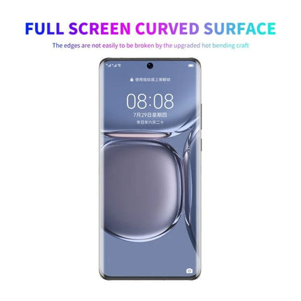 Alt Tag: ENKAY Huawei P50 Pro Full Coverage 3D Curved Screen Protector displayed on phone with edge-to-edge curved glass, clear touch-responsive PET film