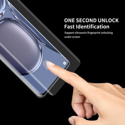 ENKAY Huawei P50 Pro Full Coverage 3D Curved Screen Protector showing one-second ultrasonic fingerprint unlock demo
