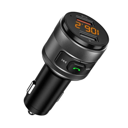 Bluetooth Hands Free Car FM Transmitter And Dual USB Charger - compact black car FM transmitter with dual USB ports, Bluetooth streaming, TF card slot, and call controls