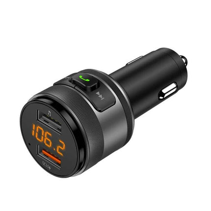 Bluetooth Hands Free Car FM Transmitter And Dual USB Charger plugged into 12V outlet with LED display, dual USB ports and Bluetooth controls