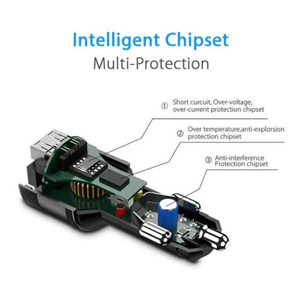 Bluetooth Hands Free Car FM Transmitter And Dual USB Charger showing internal intelligent chipset and multi-protection circuitry
