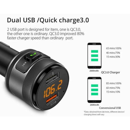 Bluetooth Hands Free Car FM Transmitter And Dual USB Charger with dual USB ports QC3.0 fast charge and FM display for in-car audio streaming