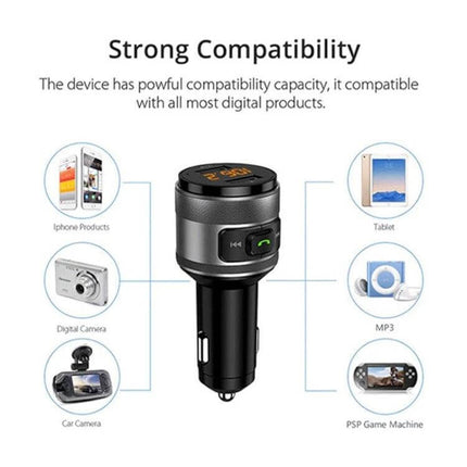 Bluetooth Hands Free Car FM Transmitter And Dual USB Charger showing device in 12V socket with icons for iPhone, tablet, MP3, camera, car camera and PSP