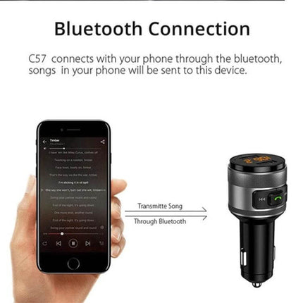 Bluetooth Hands Free Car FM Transmitter And Dual USB Charger showing phone streaming music via Bluetooth to car FM transmitter and dual USB charger