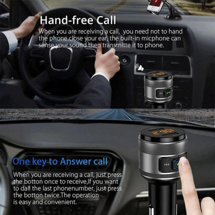 Bluetooth Hands Free Car FM Transmitter And Dual USB Charger plugged in car 12V outlet streaming Bluetooth, TF/USB playback and dual charging on dashboard