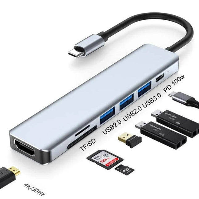 Versatile 7-in-1 Type-C Docking Station for Laptops and Peripherals with multiple USB ports, SD/TF card reader and PD 100W in silver