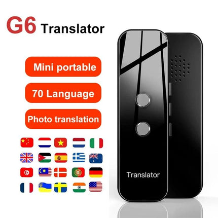 Compact Voice Translator for Travel and Daily Talks sleek black G6 device showing mini portable 70-language and photo translation features