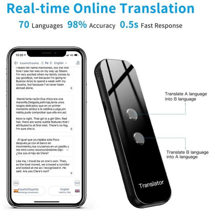 Compact Voice Translator for Travel and Daily Talks handheld device showing smartphone app real-time translation, 70 languages, 98% accuracy