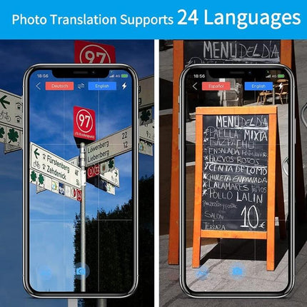 Compact Voice Translator for Travel and Daily Talks showing smartphone photo-translation of road signs and a restaurant menu supporting 24 languages