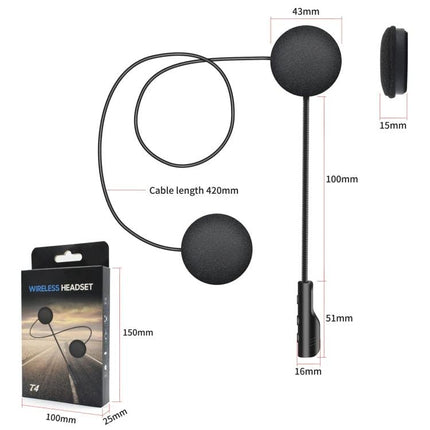 Bluetooth Headset for Motorcycle Riders with Hands-Free Calling – compact wired helmet speakers, boom mic, Bluetooth 5.0 for calls and music (dimensions shown)