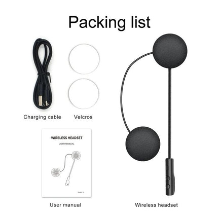 Bluetooth Headset for Motorcycle Riders with Hands-Free Calling - packing list showing wireless headset, charging cable, velcros, and user manual