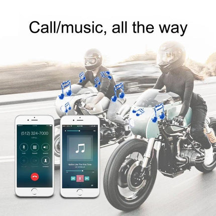Bluetooth Headset for Motorcycle Riders with Hands-Free Calling showing two riders using phones for calls and music via Bluetooth
