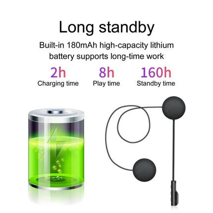 Bluetooth Headset for Motorcycle Riders with Hands-Free Calling - long standby 180mAh battery 2h charge 8h play 160h standby