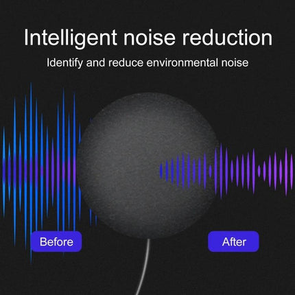 Bluetooth Headset for Motorcycle Riders with Hands-Free Calling showing intelligent noise reduction before and after waveforms