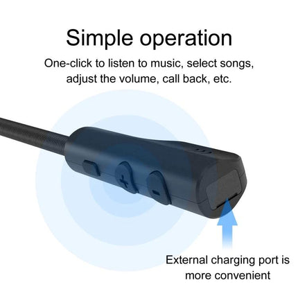 Bluetooth Headset for Motorcycle Riders with Hands-Free Calling showing inline control buttons, simple operation and external charging port