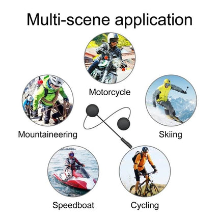 Bluetooth Headset for Motorcycle Riders with Hands-Free Calling shown in multi-scene use: motorcycle, skiing, mountaineering, speedboat, cycling