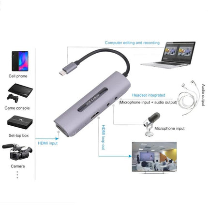 USB HDMI Video Capture Card for Live Streaming and Recording - compact USB-C capture device with HDMI input, microphone jack and laptop recording setup