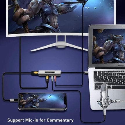 USB HDMI Video Capture Card for Live Streaming and Recording connecting HDMI sources to PC for gaming, streaming and recording with mic support