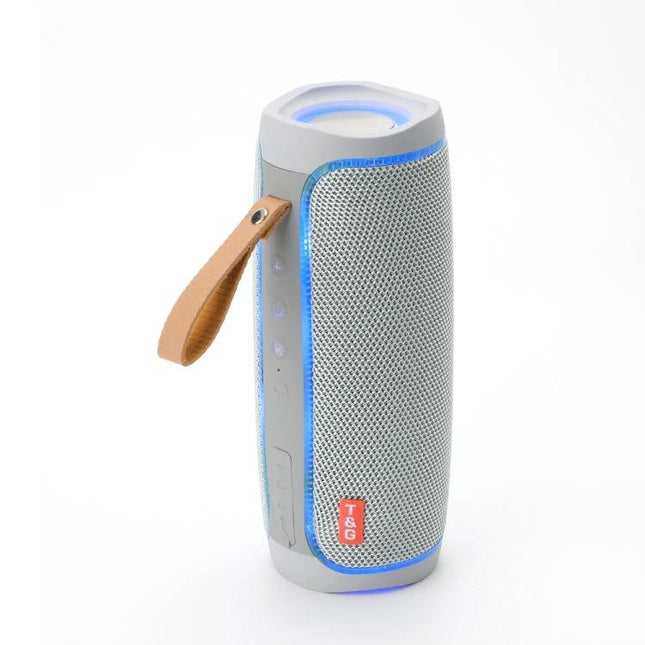 TG Compact Bluetooth Speaker For Everyday Home Listening - compact cylindrical speaker with leather strap, LED ring, grey mesh