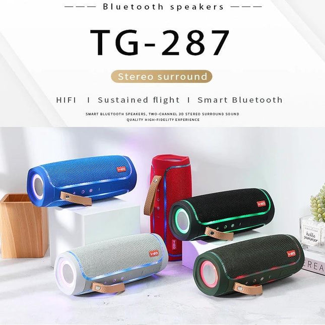 TG Compact Bluetooth Speaker For Everyday Home Listening compact colorful TG-287 speakers on table showing controls and carry strap