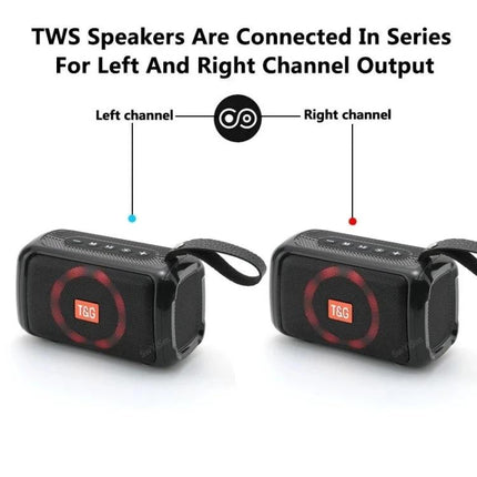 TG Portable Bluetooth Speaker Splash Resistant For Outdoor And Home showing two T&G speakers paired for left and right stereo