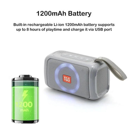 TG Portable Bluetooth Speaker Splash Resistant For Outdoor And Home compact gray speaker with 1200mAh battery icon