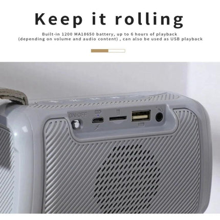 TG Portable Bluetooth Speaker Splash Resistant For Outdoor And Home showing ports controls TF USB AUX FM with textured gray casing