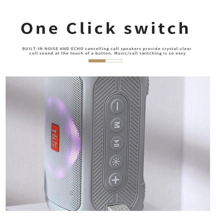 TG Portable Bluetooth Speaker Splash Resistant For Outdoor And Home showing buttons, LED light, IPX5 dustproof casing and one-click switch