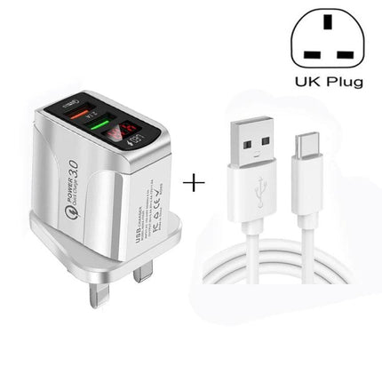 Reliable USB Charger for Everyday Home and Travel Use - UK plug wall charger with USB-C cable, fast charge display, compact travel design