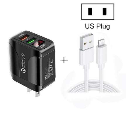 Reliable USB Charger for Everyday Device Use at Home and Travel — black US plug fast charger with dual USB ports, QC 3.0 and cable