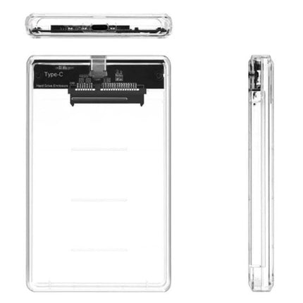 Portable Transparent Enclosure for 2.5-Inch Hard Drives - clear ABS Type-C external case showing SATA connector and slim profile