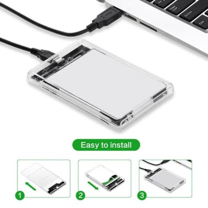 Portable Transparent Enclosure for 2.5-Inch Hard Drives shown connected to a laptop via USB for easy file transfer and backup