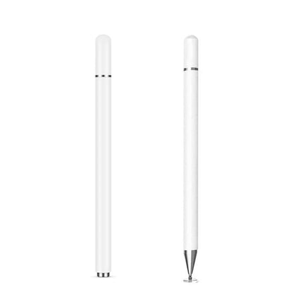 Precision Stylus Pen for Touch Screens with Magnetic Cap Design in white showing capped and disc-tip views for tablet and smartphone use
