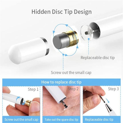 Precision Stylus Pen for Touch Screens with Magnetic Cap Design showing hidden replaceable disc tip and steps to screw out cap and replace tip