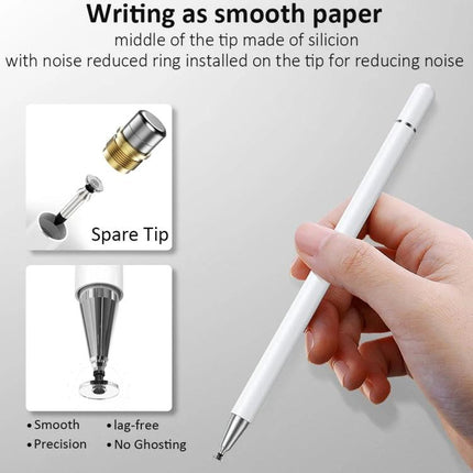 Precision Stylus Pen for Touch Screens with Magnetic Cap Design - white disc-tip stylus shown with spare tip, smooth precise writing for tablets and phones