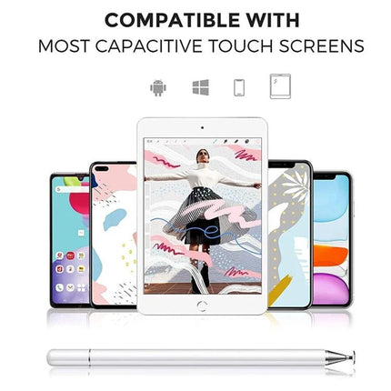 Precision Stylus Pen for Touch Screens with Magnetic Cap Design shown with smartphones and tablet, precise disc tip for sketching and note-taking