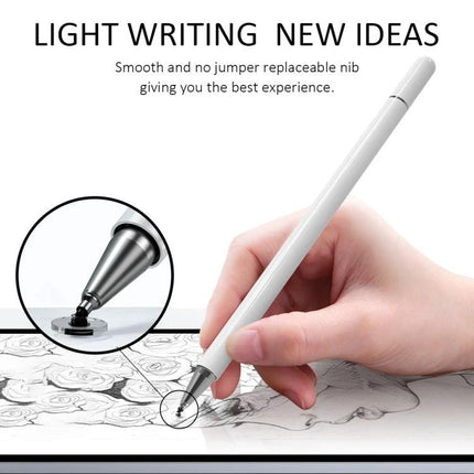 Precision Stylus Pen for Touch Screens with Magnetic Cap Design - white disc-tip stylus held drawing on tablet, magnetic cap for storage