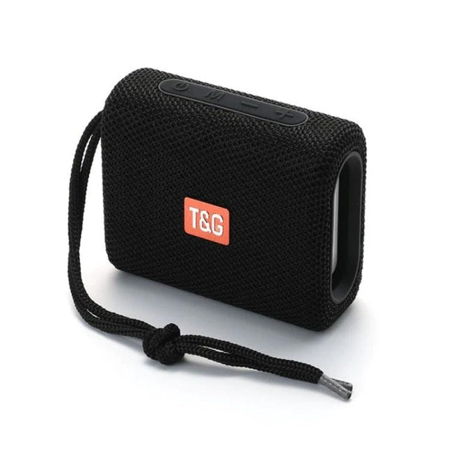 Alt Tag: T G Compact Bluetooth Speaker For Outdoor Walks Picnics And Hikes compact black portable speaker with strap