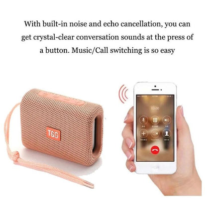 T G Compact Bluetooth Speaker For Outdoor Walks Picnics And Hikes showing pink portable speaker with phone call controls and wrist strap