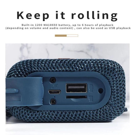 T G Compact Bluetooth Speaker For Outdoor Walks Picnics And Hikes showing USB, micro‑USB, microSD ports and rugged fabric exterior