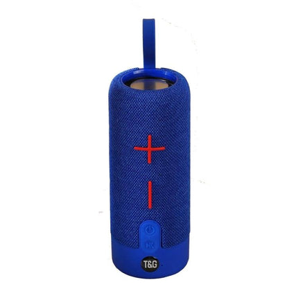 TG Portable Waterproof Bluetooth Speaker For Travel And Beach Use compact blue cylindrical speaker with strap, splash-resistant design