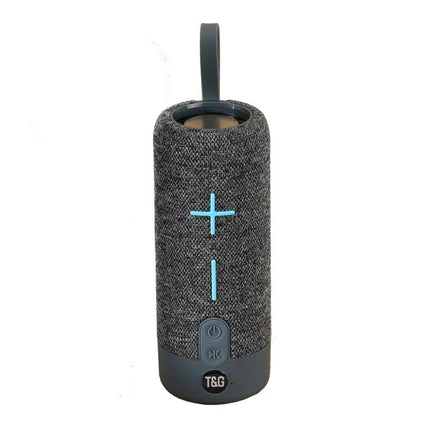 TG Portable Waterproof Bluetooth Speaker For Travel And Beach Use compact gray cylindrical Bluetooth speaker with strap