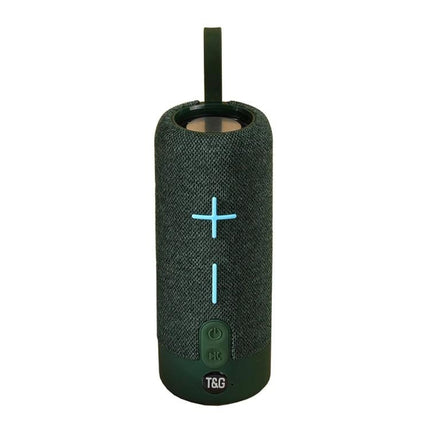 TG Portable Waterproof Bluetooth Speaker For Travel And Beach Use shown upright with fabric cylinder, large volume buttons, carry strap