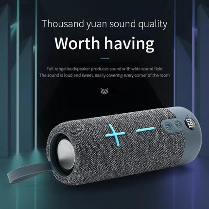 TG Portable Waterproof Bluetooth Speaker For Travel And Beach Use shown in gray fabric cylindrical waterproof Bluetooth speaker