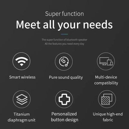 TG Portable Waterproof Bluetooth Speaker For Travel And Beach Use shown with icons for wireless, sound quality, compatibility, and durable fabric