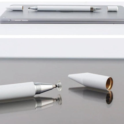 2-in-1 Capacitive Stylus Pen with Writing Function for Touch Screens shown with 7mm transparent disc tip and pen cap near tablet