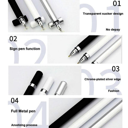 2-in-1 Capacitive Stylus Pen with Writing Function for Touch Screens – sleek black white silver metal pen showing 7mm transparent disc tip and ballpoint end