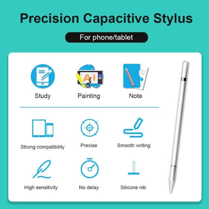2-in-1 Capacitive Stylus Pen with Writing Function for Touch Screens showing precision disc tip, compatibility icons for study, painting, note-taking, and smooth writing
