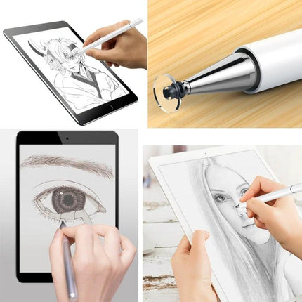 2-in-1 Capacitive Stylus Pen with Writing Function for Touch Screens showing clear disc tip and pen sketching on tablet and paper